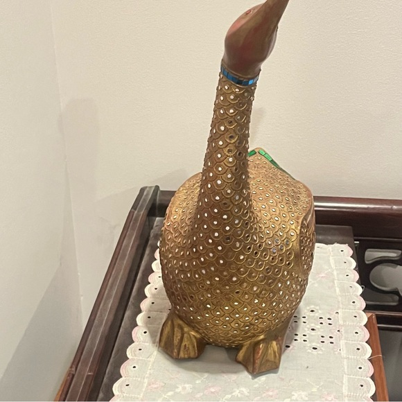 Folk Art Hand Carved Wood Decorated Golden Goose Sculpture Embossed Stone Carved - Picture 4 of 12